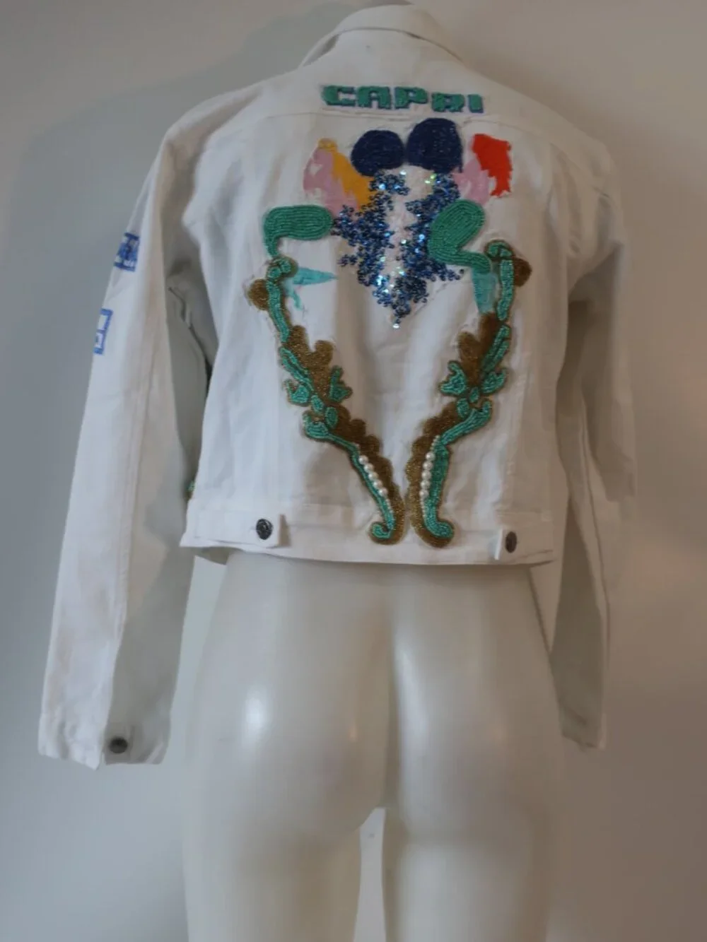 NWT Womens Antica Sartoria By Giacomo Cinque Wht Embroidered Bead Denim Jacket S - Picture 10 of 13
